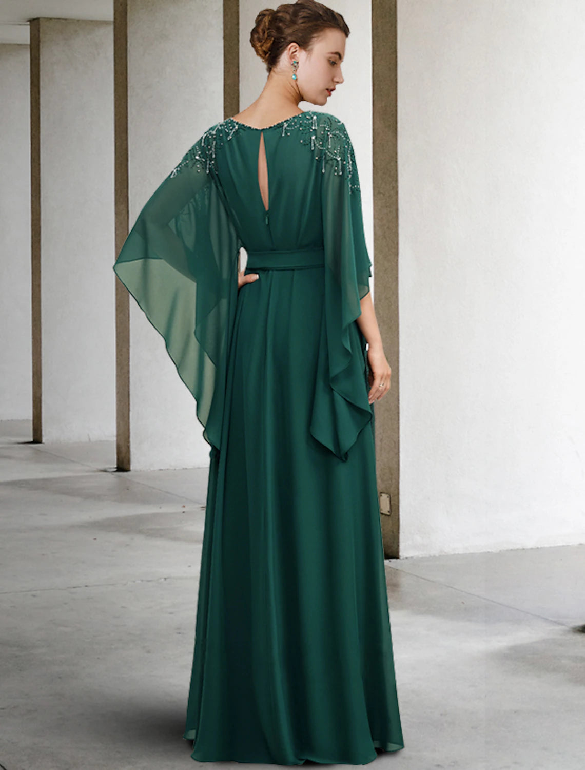 Wholesale  A-Line Mother of the Bride Dress Luxurious Elegant Jewel Neck Floor Length Chiffon Half Sleeve with Sash / Ribbon Beading